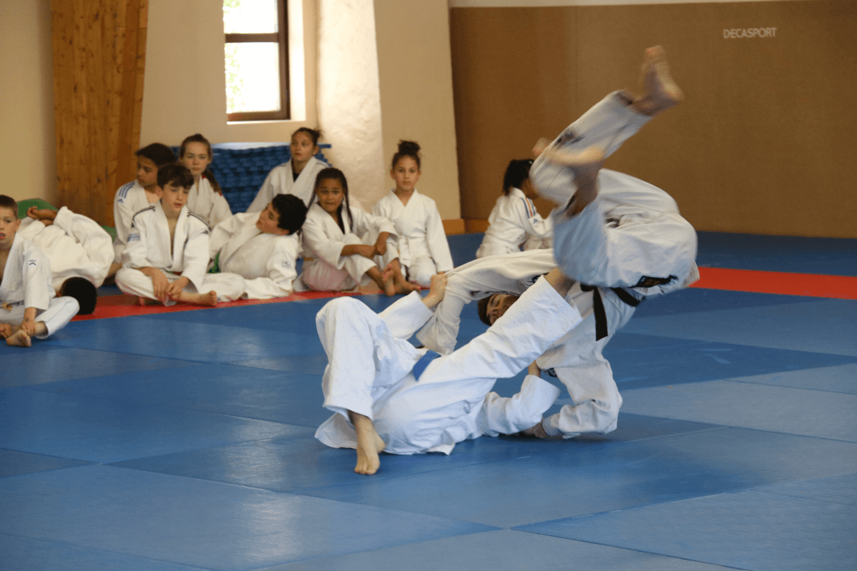 Judokas alignés avec leurs trophées, de différents âges, lors d'une remise de récompenses au dojo.